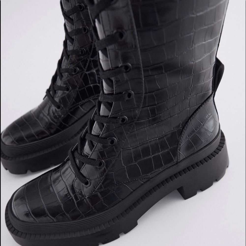 Animal print laced high shaft boots
